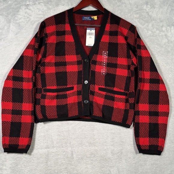 Polo‎ Ralph Lauren Sweater Womens Medium Buffalo Plaid Wool Cardigan New - Picture 1 of 10